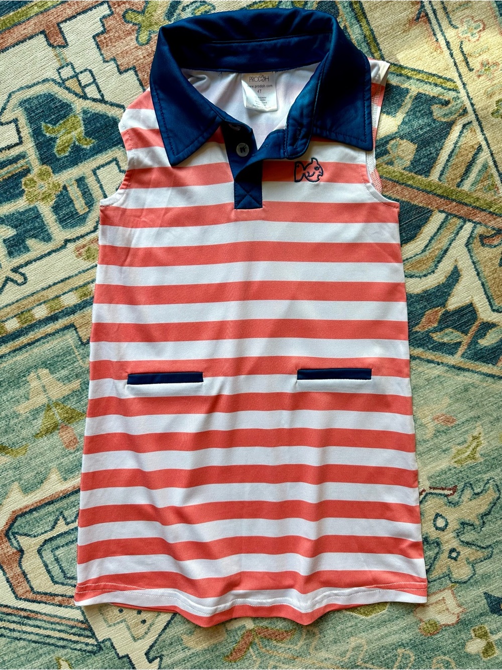 Prodoh Kids Sleeveless Dress - Coral & White Stripes with Navy Collar